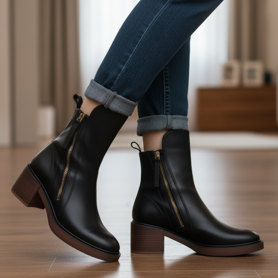 Valorine™ | Bota de cuero negra con tacón cómodo, elegante y atemporal.