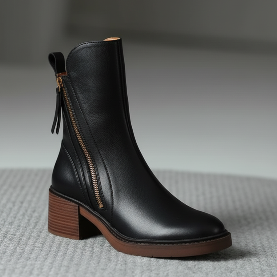 Valorine™ | Bota de cuero negra con tacón cómodo, elegante y atemporal.