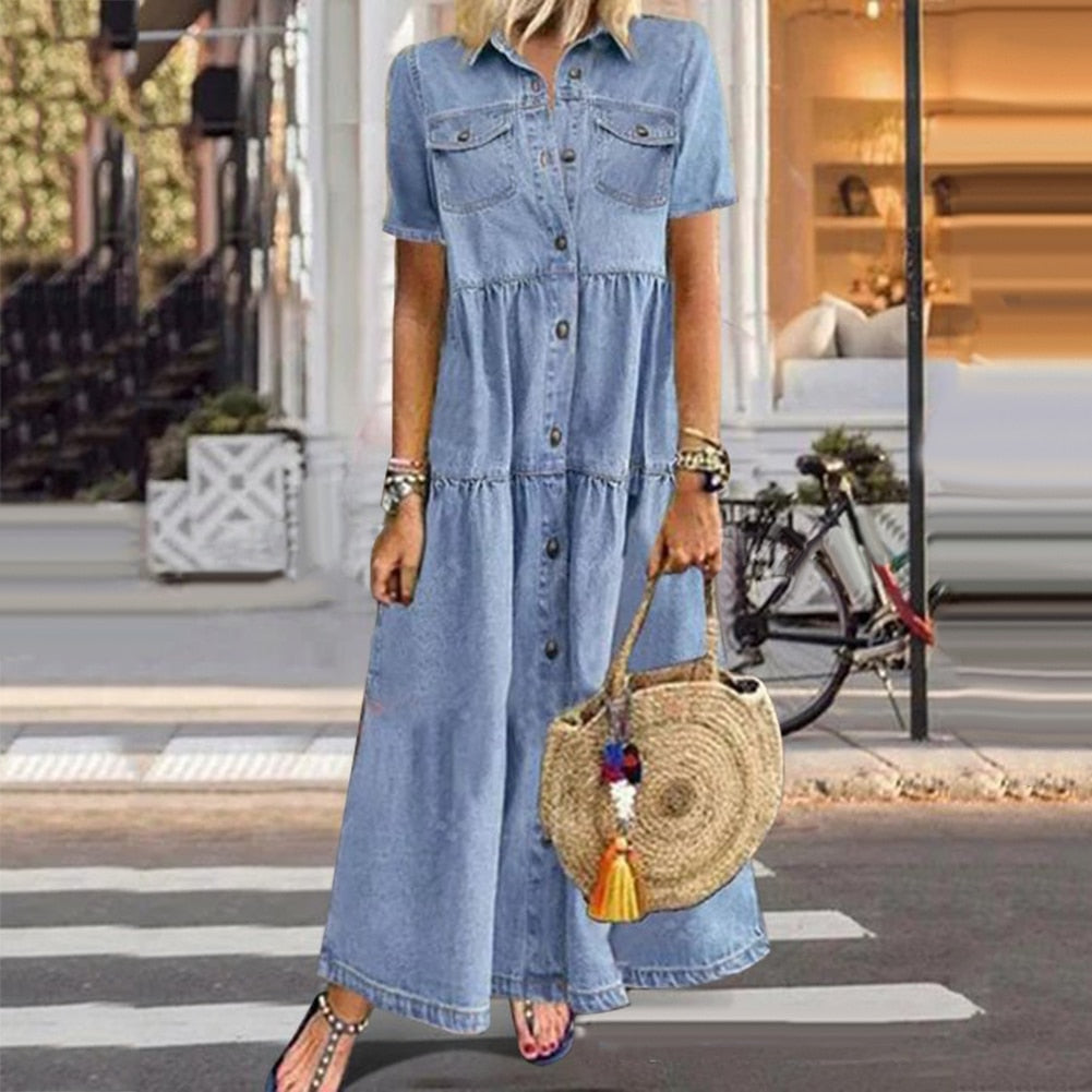 Ariella™ Vestido Maxi Estilo Denim Vintage