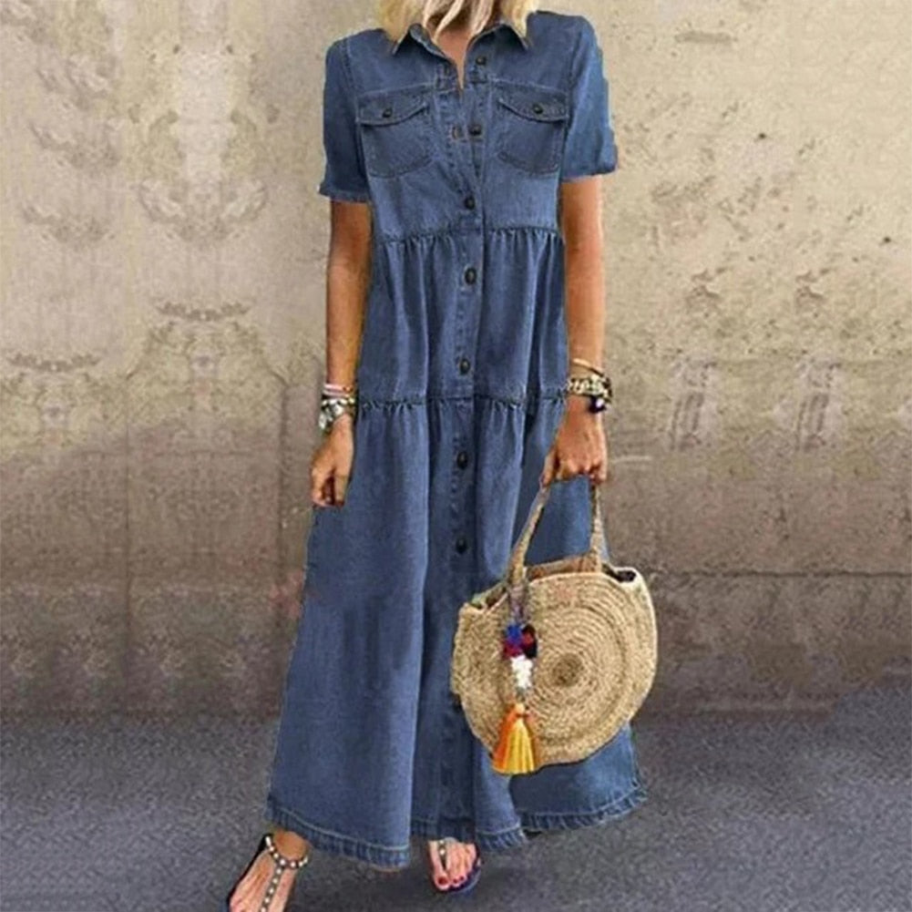 Ariella™ Vestido Maxi Estilo Denim Vintage